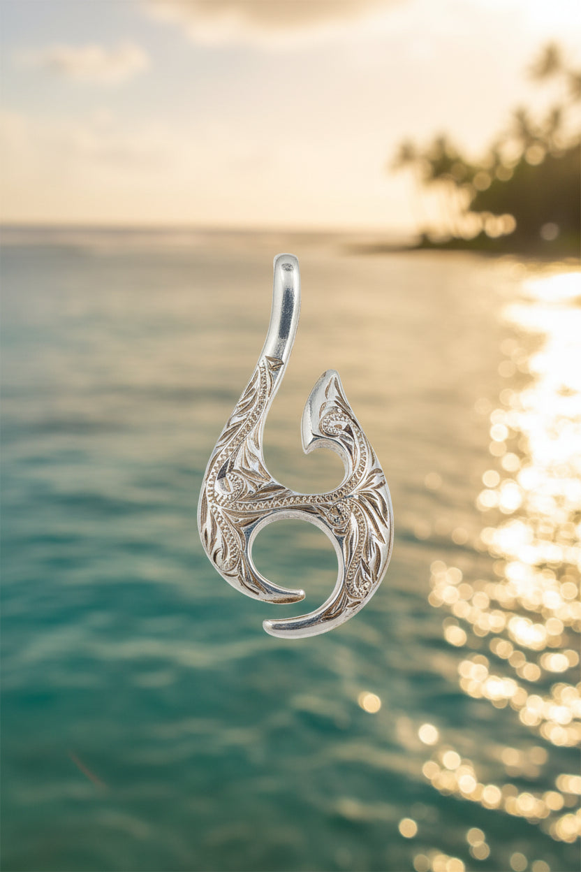925 Engraved Hawaiian Fish Hook Pendant