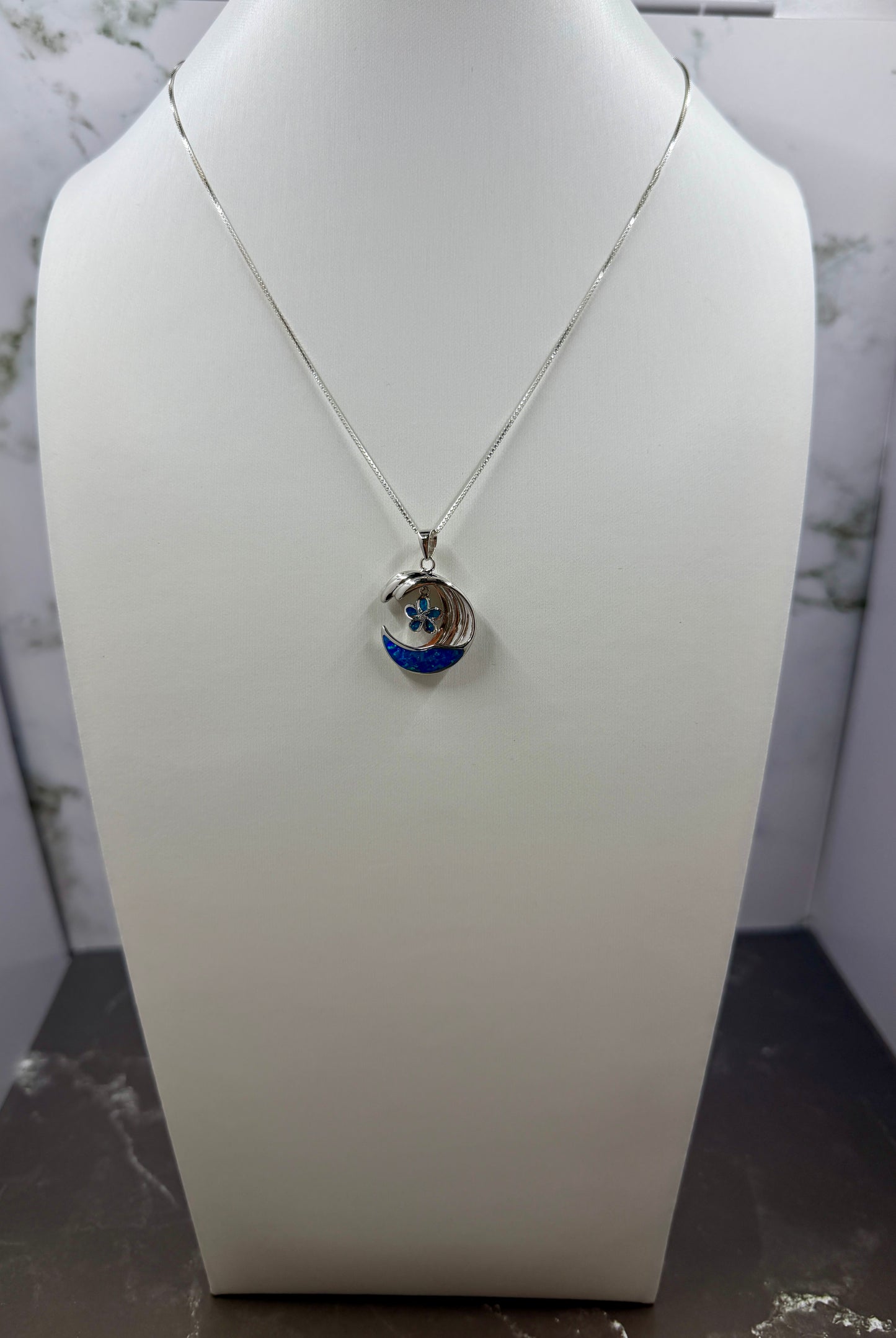 Hawaiian 925 Sterling Silver Blue Opal Wave with Floating Plumeria Flower