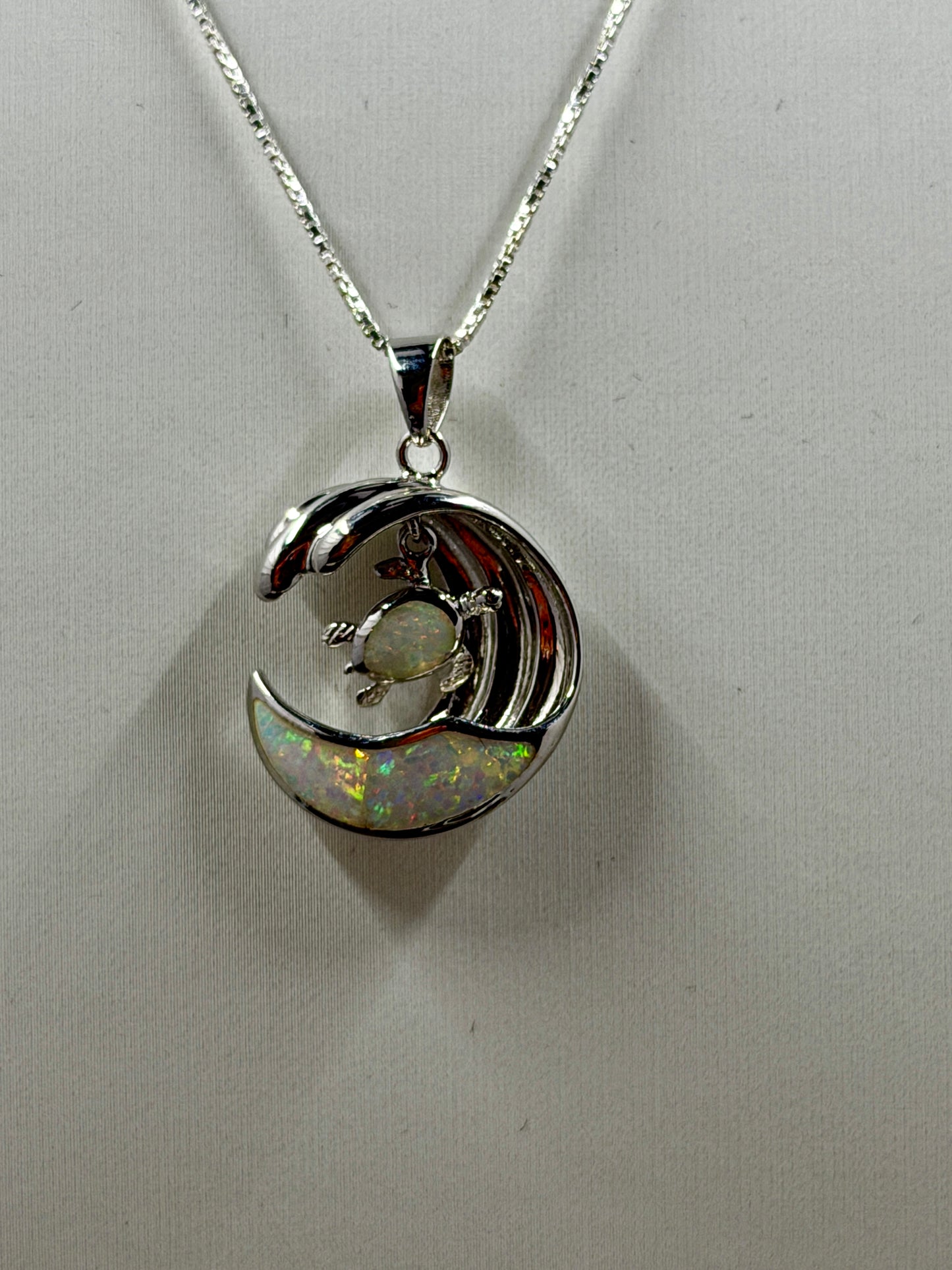 925 Sterling Silver,White Opal Wave Pendant with Floating Turtle