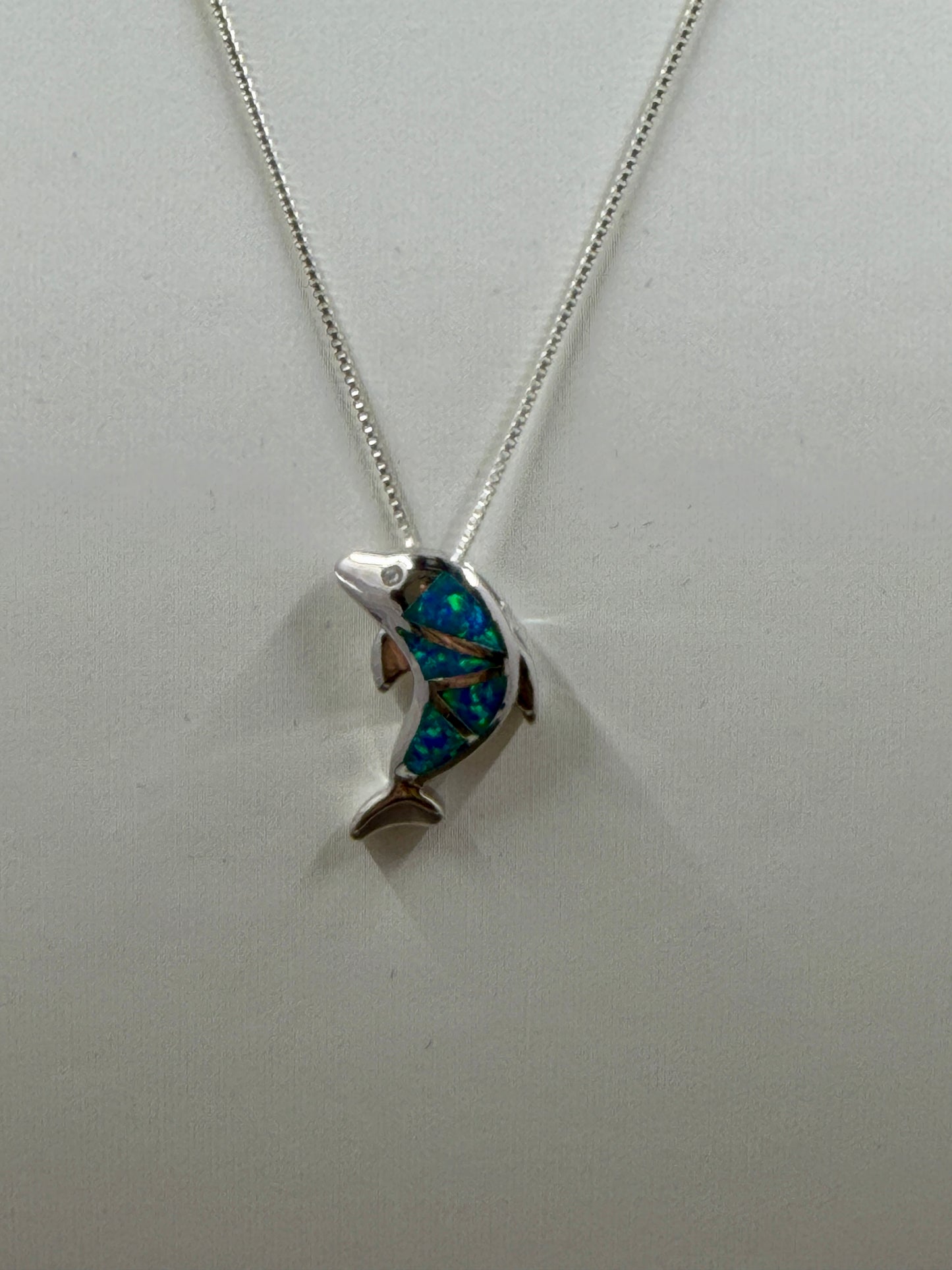 Blue Opal, 925 Sterling Silver Dolphin Necklace Pendant