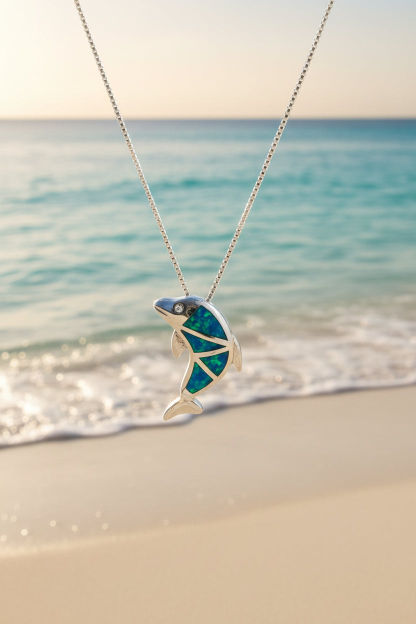 Blue Opal, 925 Sterling Silver Dolphin Necklace Pendant