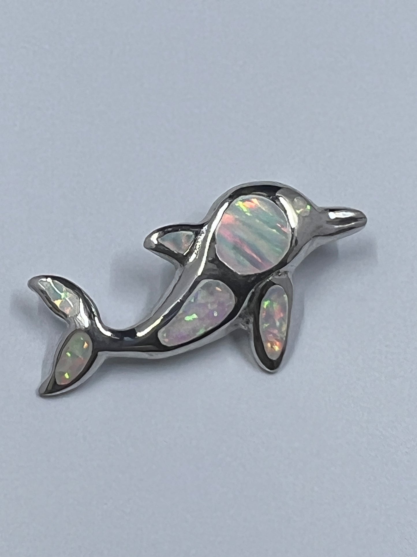 Ocean Dolphin Pendant White Simulated Opal .925 Sterling Silver Sea Charm