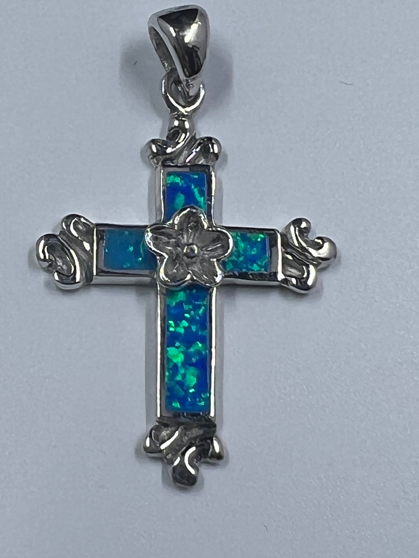 Sterling Silver Rhodium-plated Created Opal Cross CZ Pendant