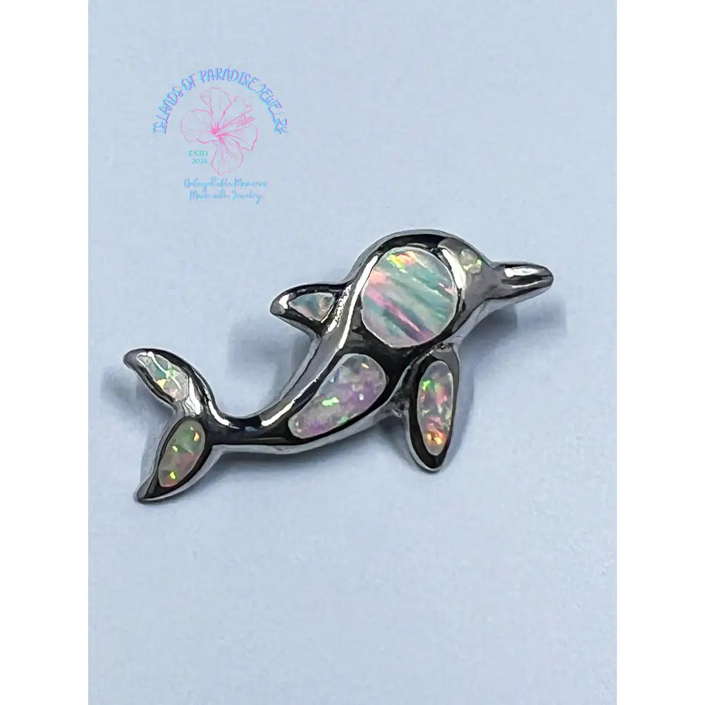 Ocean Dolphin Pendant White Simulated Opal.925 Sterling Silver Sea Charm