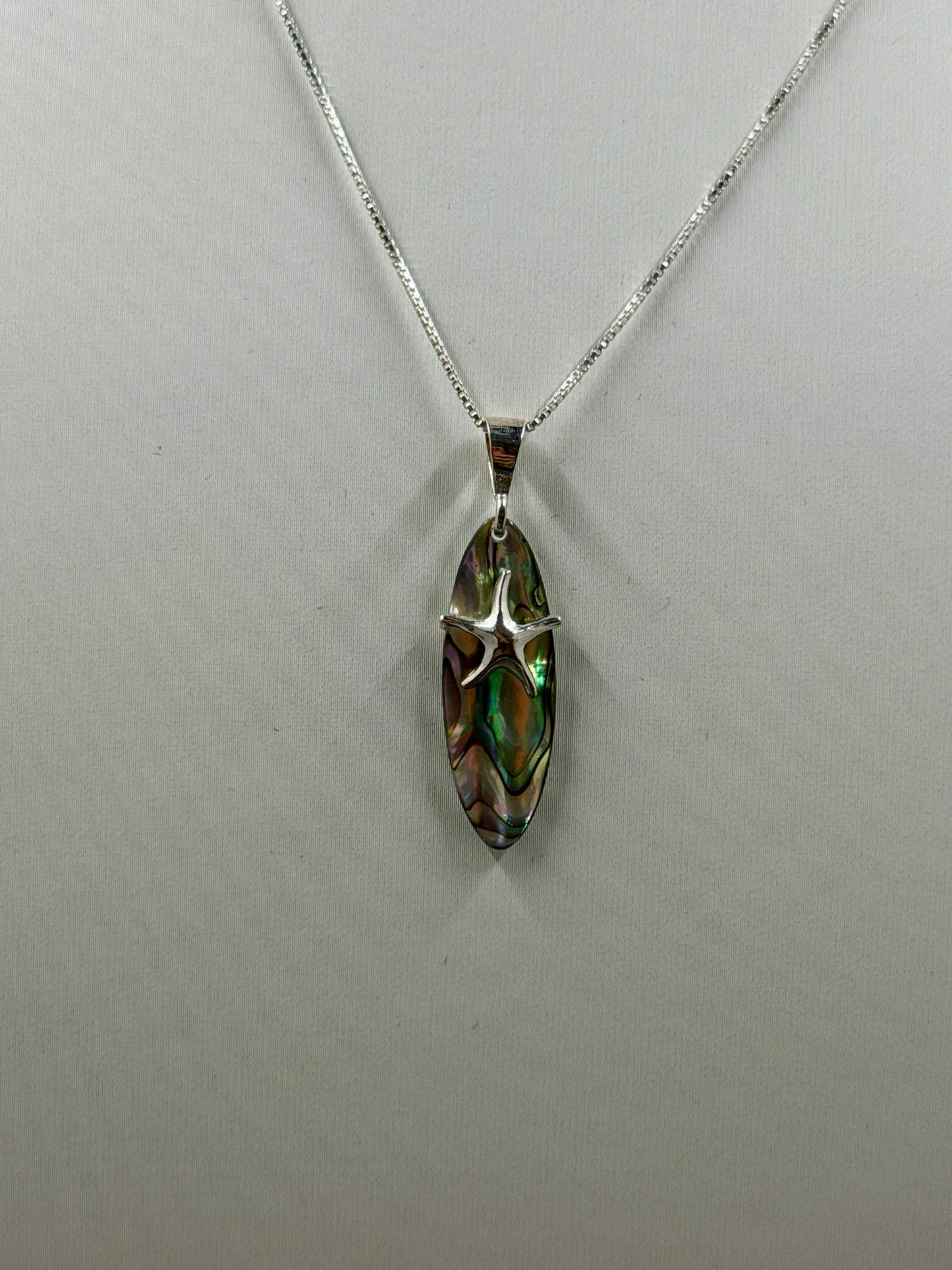 925 Sterling Sliver Starfish Abalone Paua Shell Surfboard Pendant