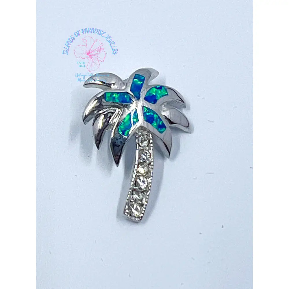 Sterling Silver Cz Blue Inlay Created Opal Palm Tree Pendant