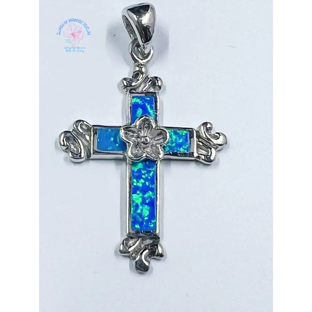 Sterling Silver Rhodium - Plated Created Opal Cross Cz Pendant