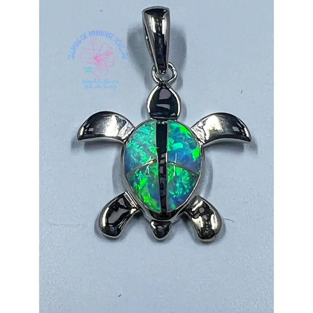 Sterling Silver Turtle Necklace Pendant With Simulated Blue Opal