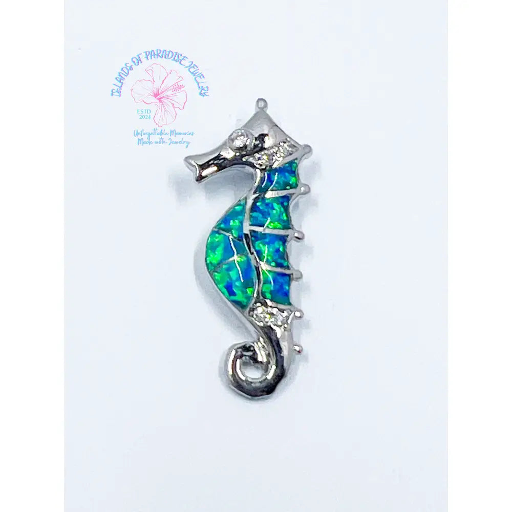 925 Sterling Silver Rhodium Plated Simulated Blue Opal And Cubic Zirconia Seahorse
