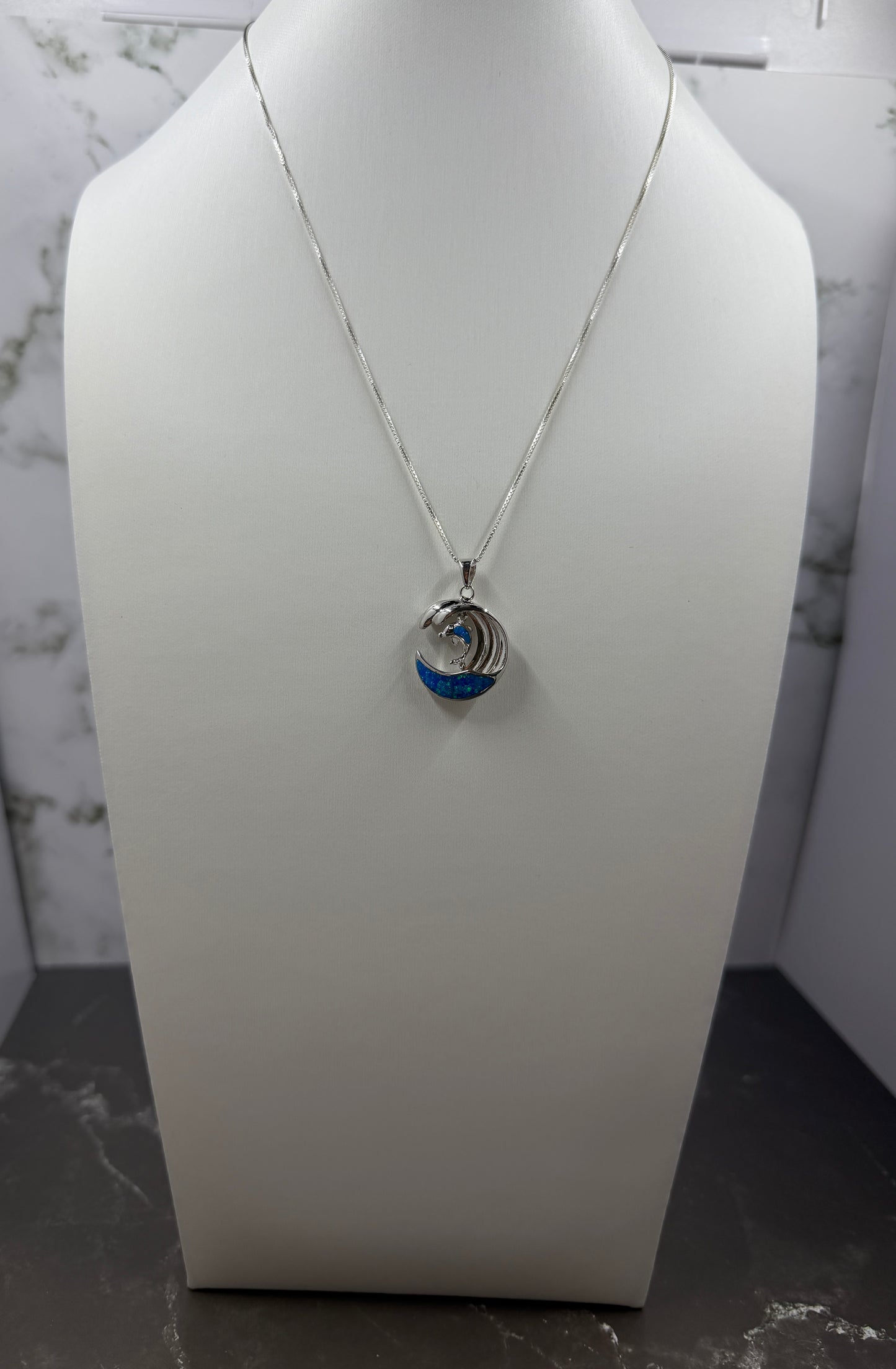 Hawaiian 925 Sterling Silver Blue Opal Wave with Floating Dolphin Pendant