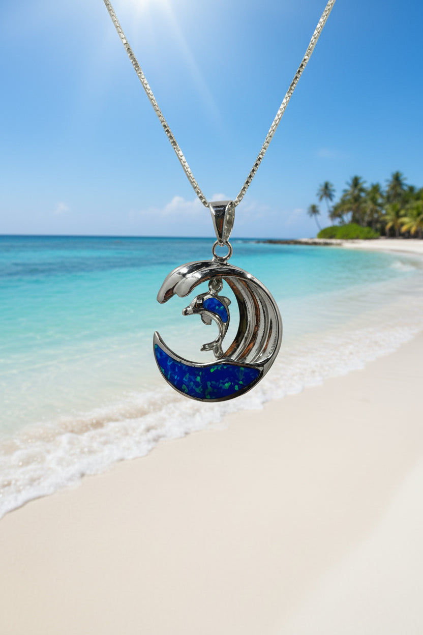Hawaiian 925 Sterling Silver Blue Opal Wave with Floating Dolphin Pendant