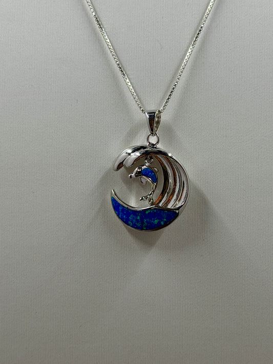 Hawaiian 925 Sterling Silver Blue Opal Wave with Floating Dolphin Pendant