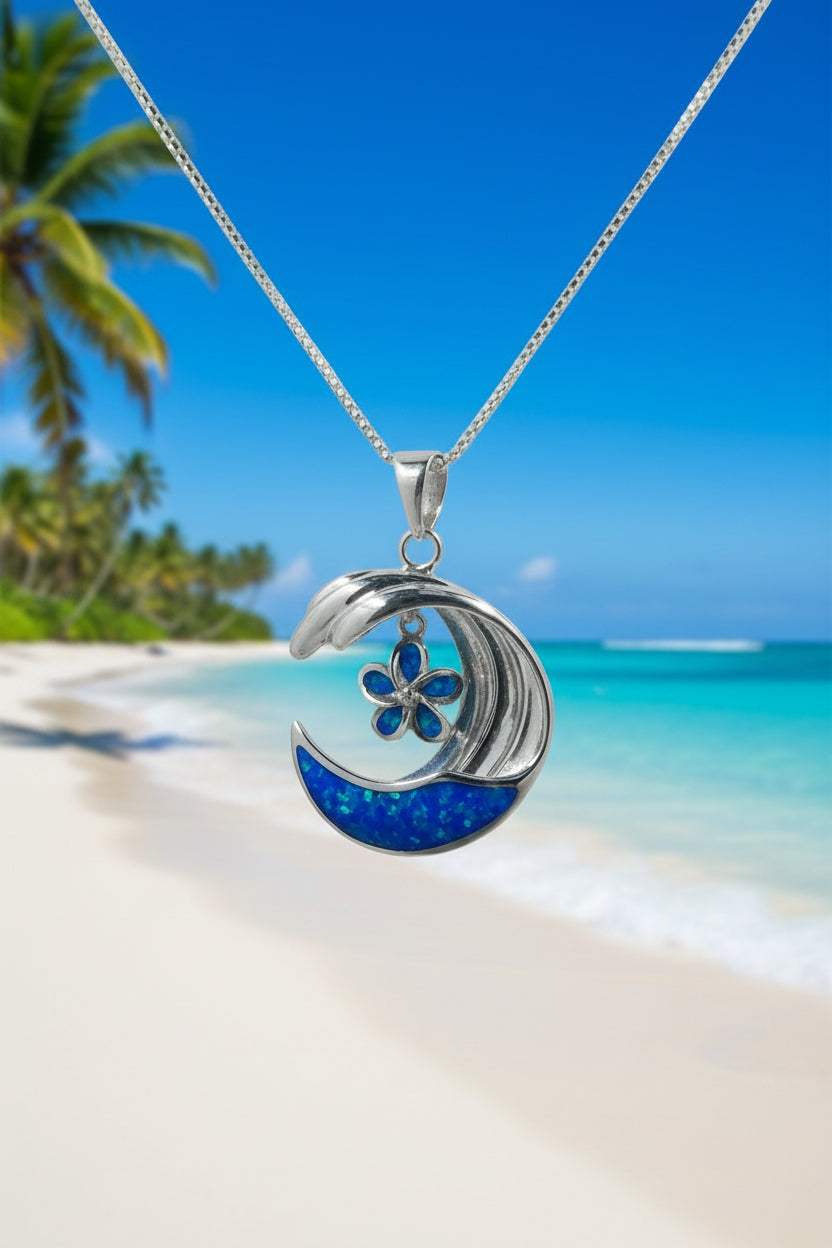 Hawaiian 925 Sterling Silver Blue Opal Wave with Floating Plumeria Flower