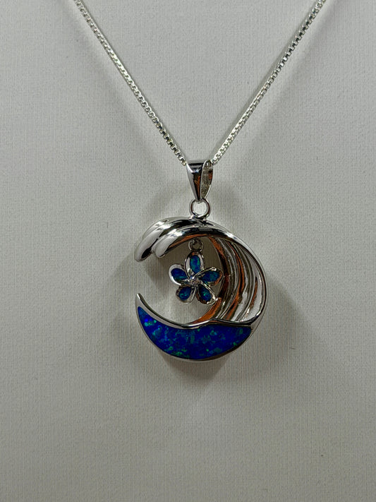 Hawaiian 925 Sterling Silver Blue Opal Wave with Floating Plumeria Flower