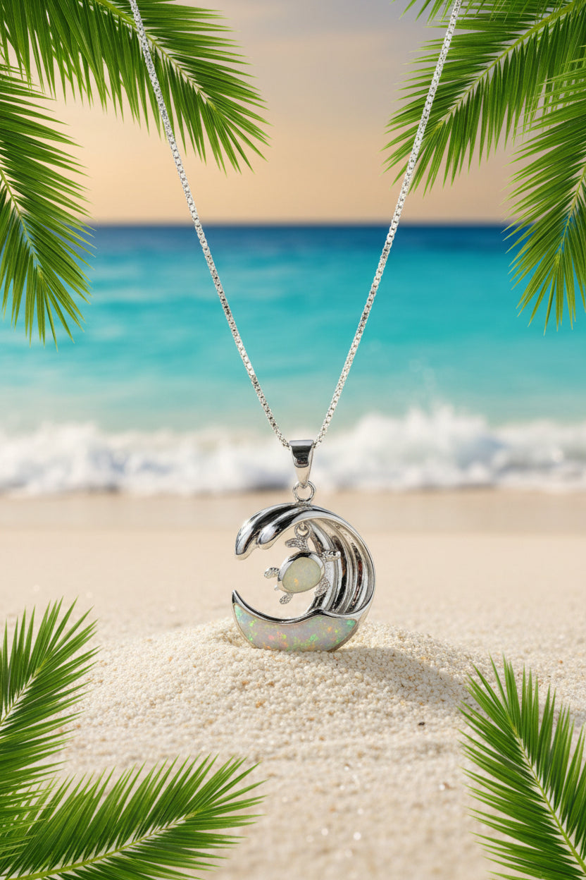925 Sterling Silver,White Opal Wave Pendant with Floating Turtle
