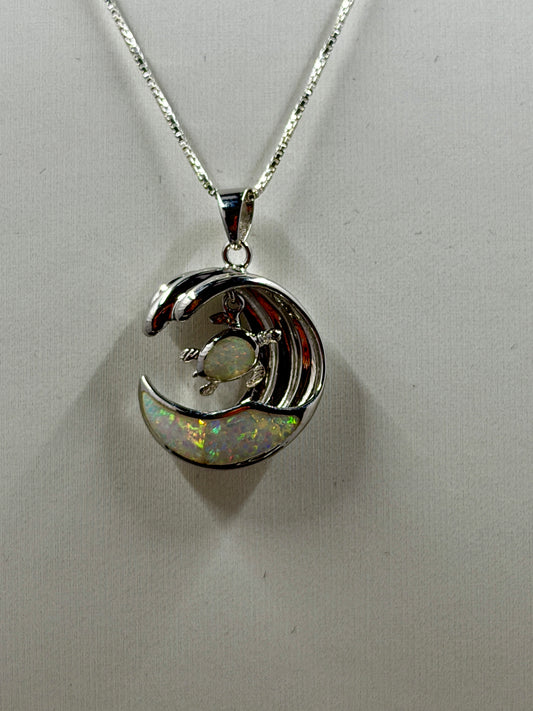925 Sterling Silver,White Opal Wave Pendant with Floating Turtle