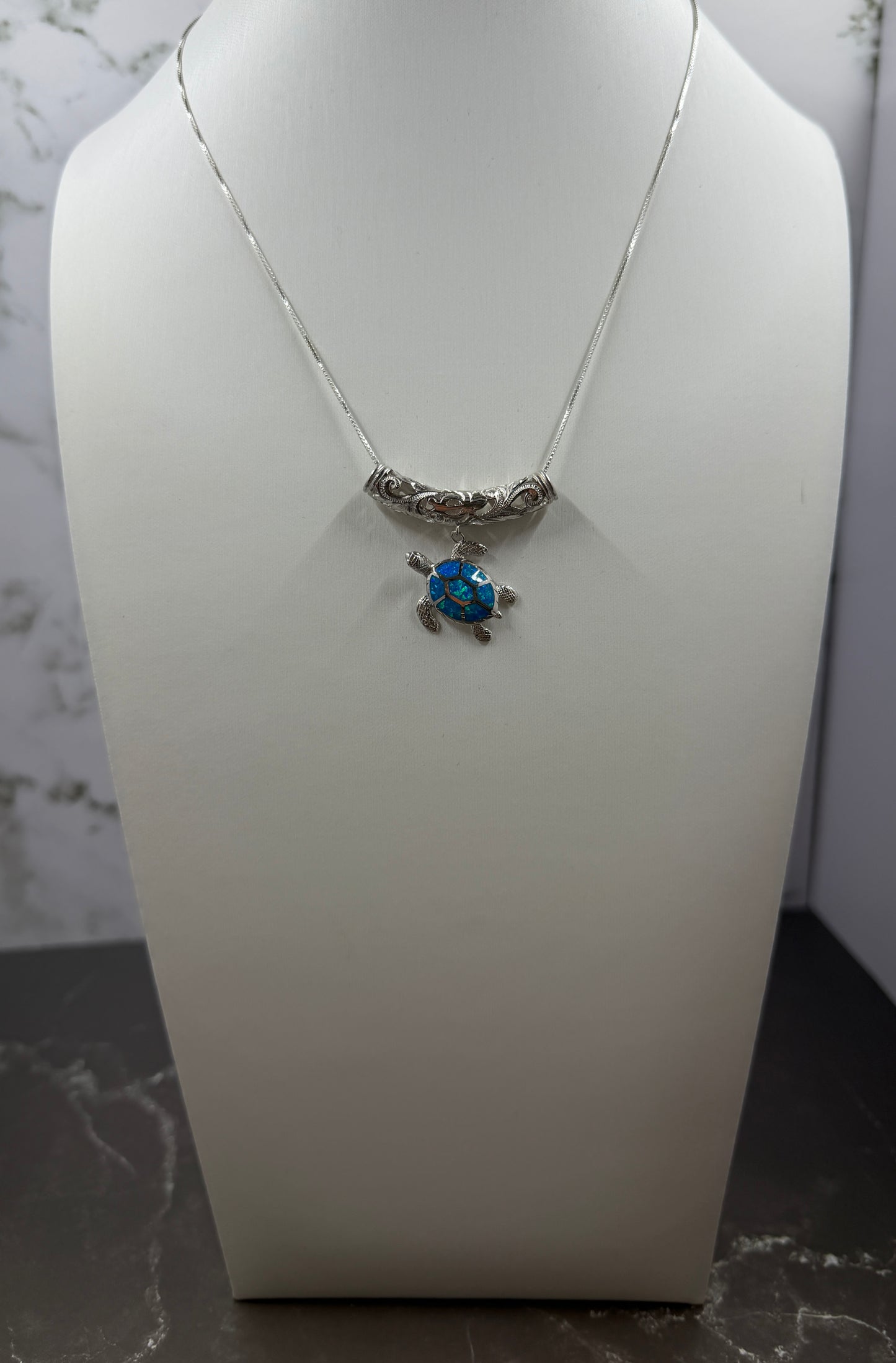 925 Sterling Silver Barrel with Blue Opal Turtle