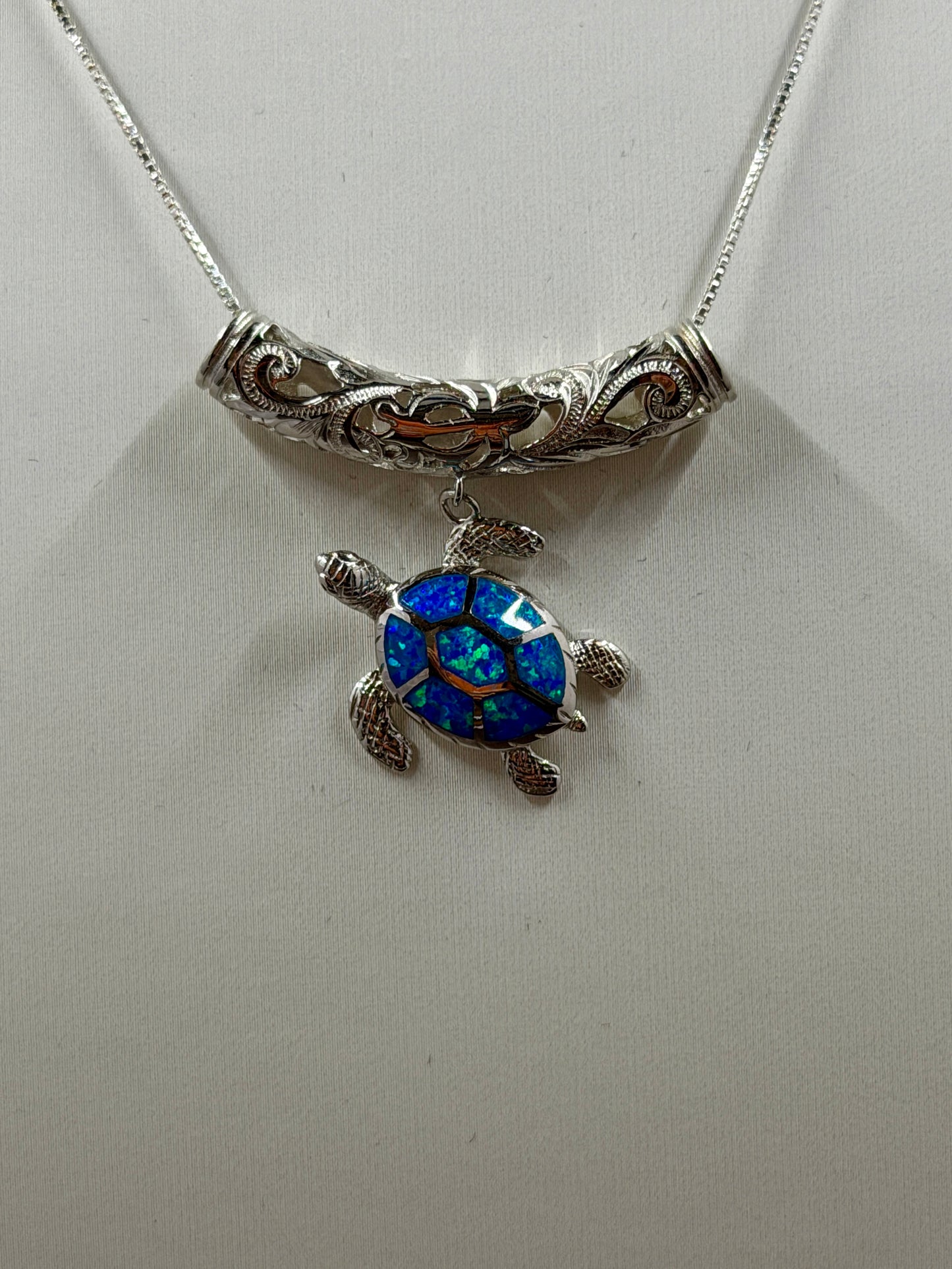 925 Sterling Silver Barrel with Blue Opal Turtle