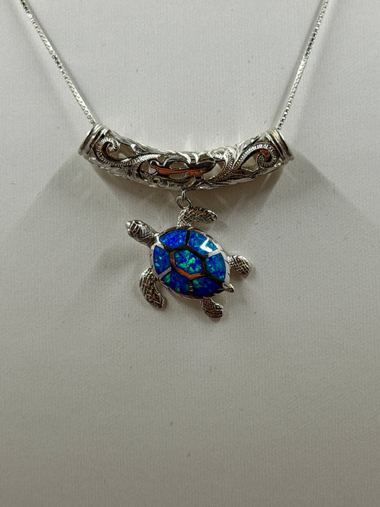 925 Sterling Silver Barrel with Blue Opal Turtle