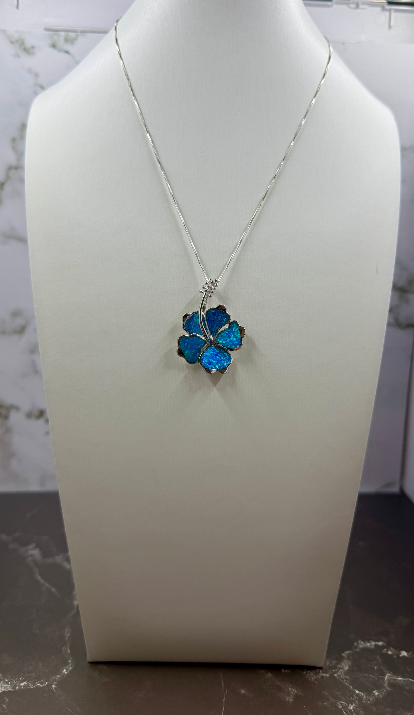 Blue Opal Hawaiian Hibiscus Flower, 925 Sterling Silver