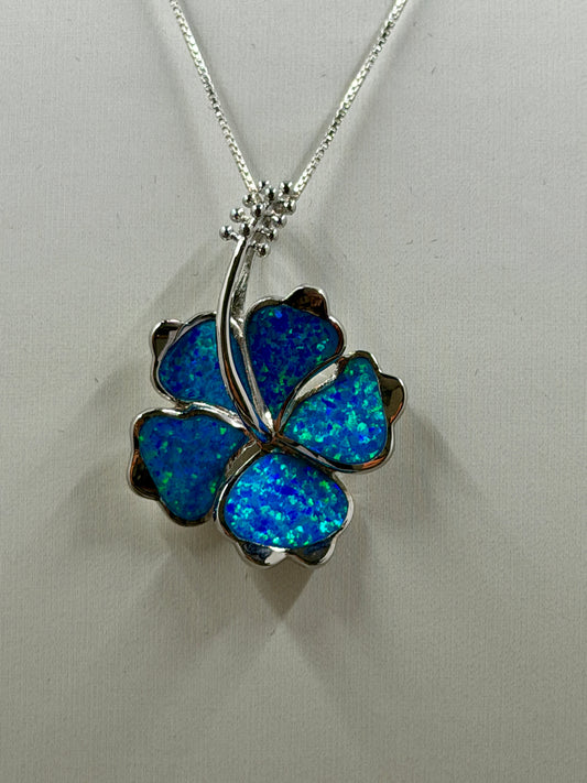 Blue Opal Hawaiian Hibiscus Flower, 925 Sterling Silver