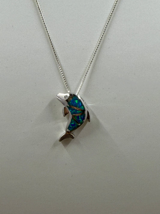 Blue Opal, 925 Sterling Silver Dolphin Necklace Pendant