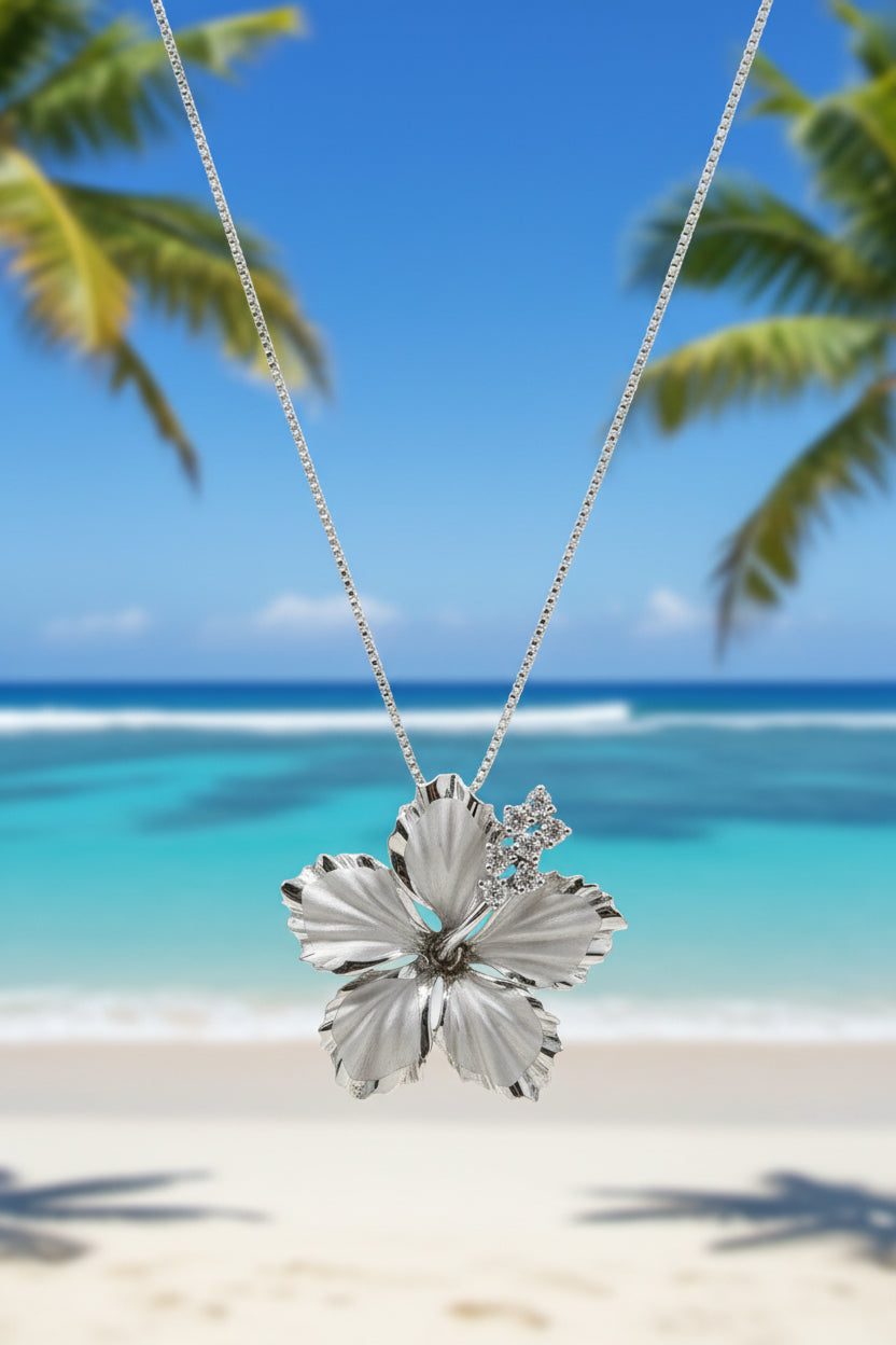 Hawaiian Hibiscus Flower Pendant 925 Sterling Silver