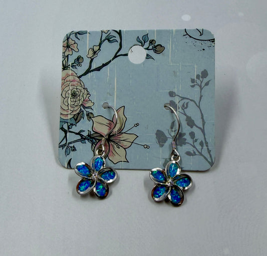 Hawaiian 925 Sterling Silver Blue Opal Plumeria Earrings