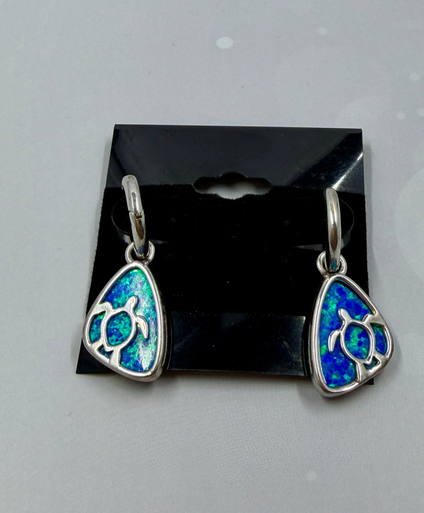 925 Sterling Silver Blue Opal Turtle Earrings