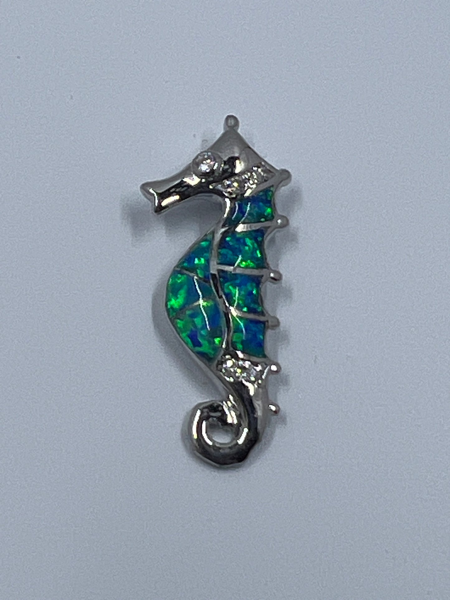 925 Sterling Silver Rhodium Plated Simulated Blue Opal and Cubic Zirconia Seahorse