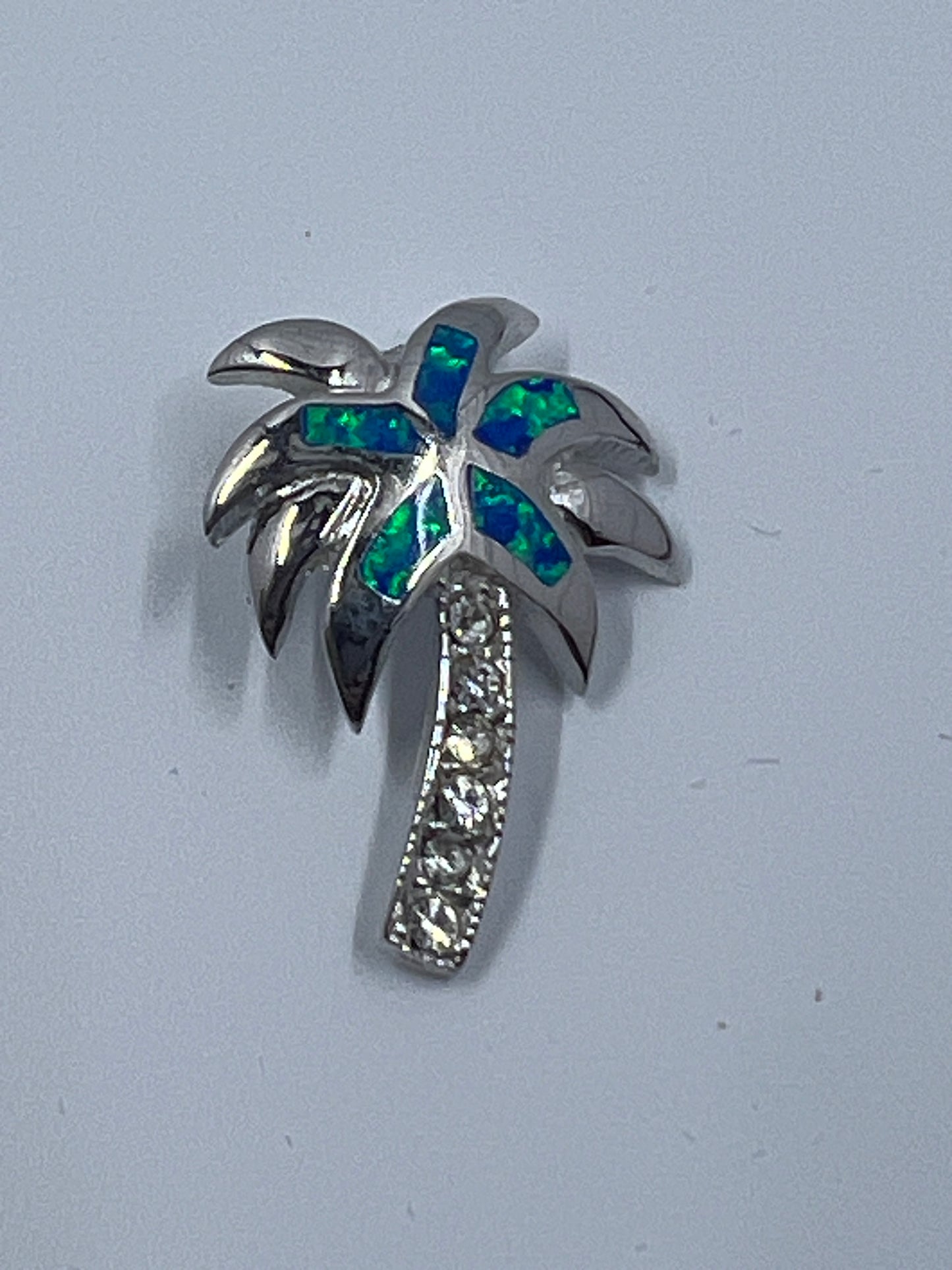 Sterling Silver CZ Blue Inlay Created Opal Palm Tree Pendant