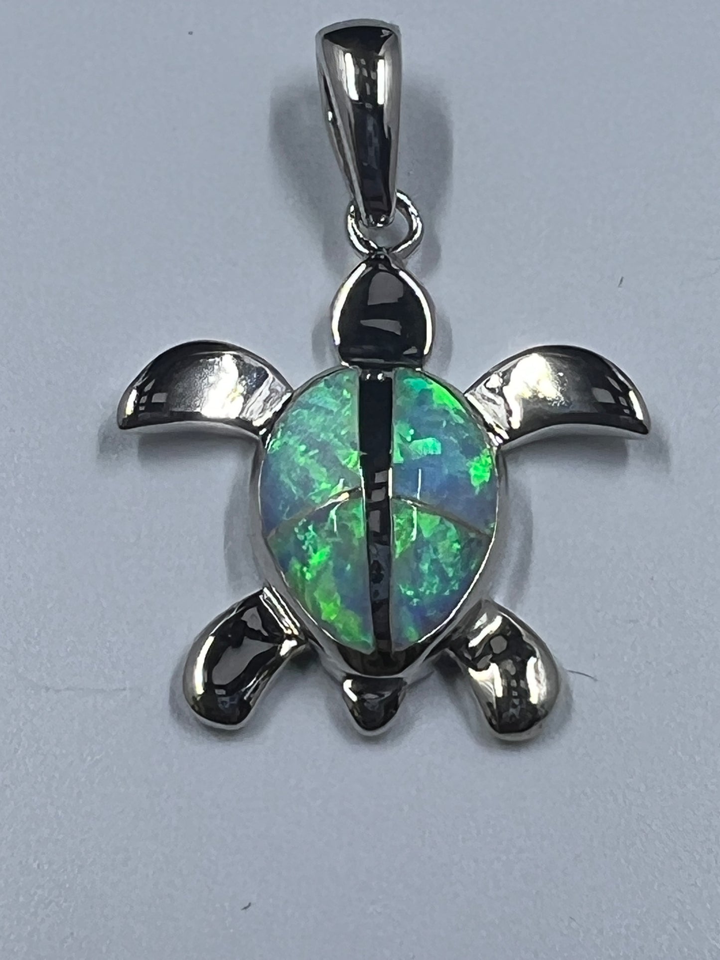 Sterling Silver Turtle Necklace Pendant with Simulated Blue Opal
