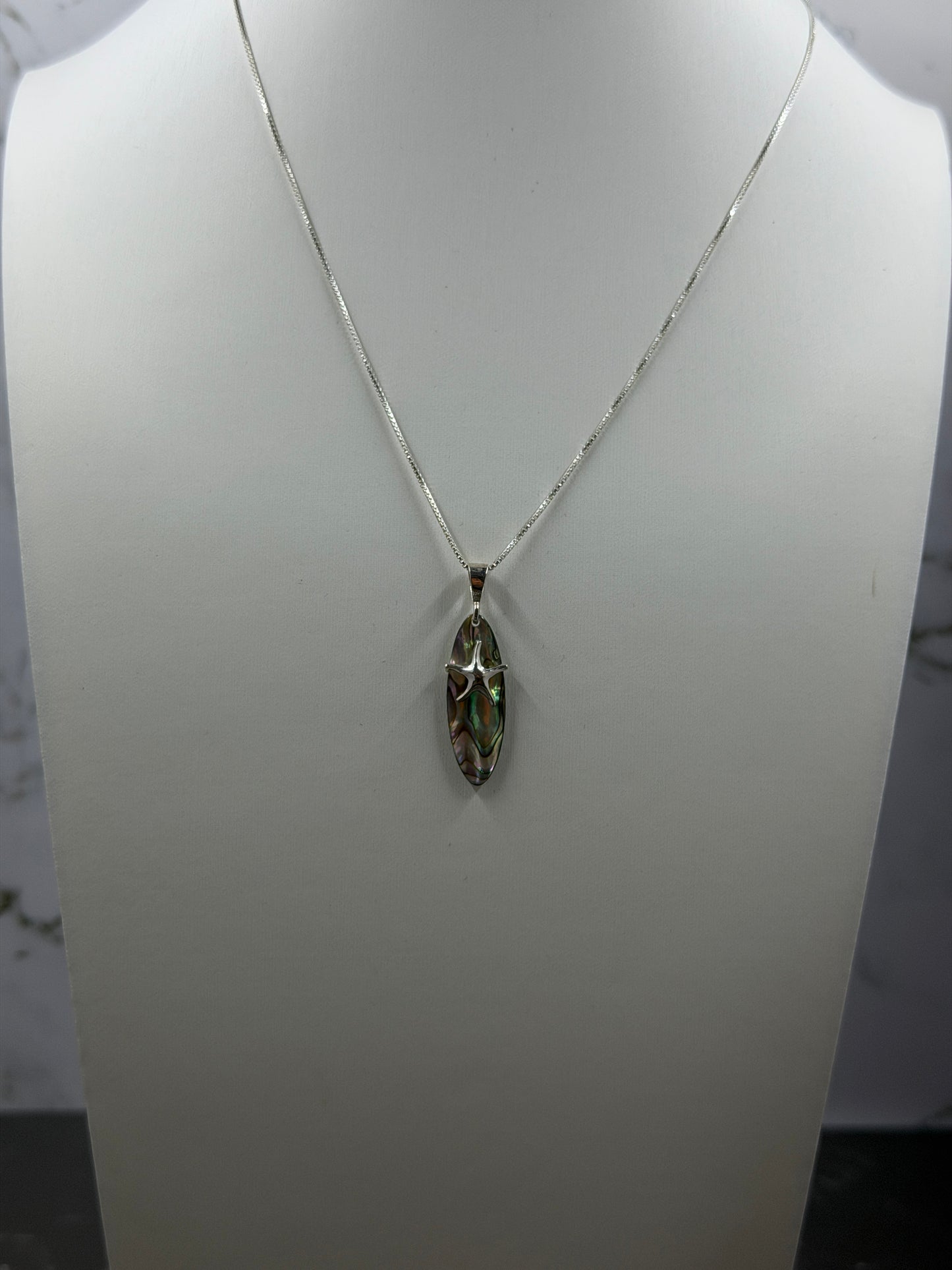 925 Sterling Sliver Starfish Abalone Paua Shell Surfboard Pendant
